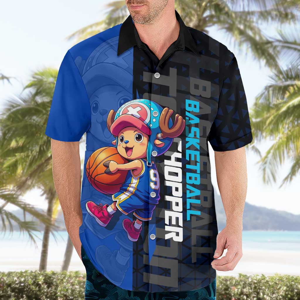 Tony Tony Chopper One Piece Basketball Theme Blue and Black Design Hawaiian Shirt with Straw Hat Crew Emblem and Playful Pose - The Mazicc