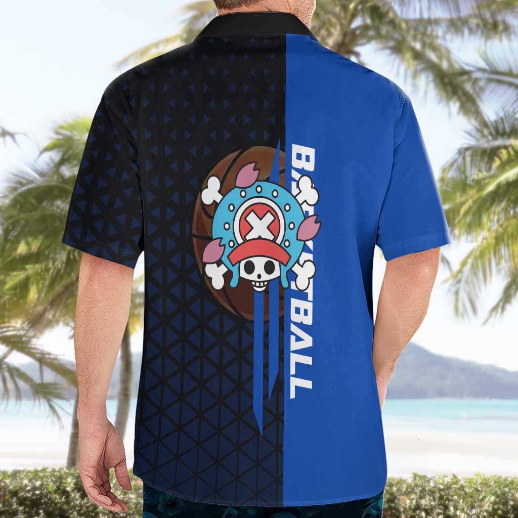 Tony Tony Chopper One Piece Basketball Theme Blue and Black Design Hawaiian Shirt with Straw Hat Crew Emblem and Playful Pose - The Mazicc