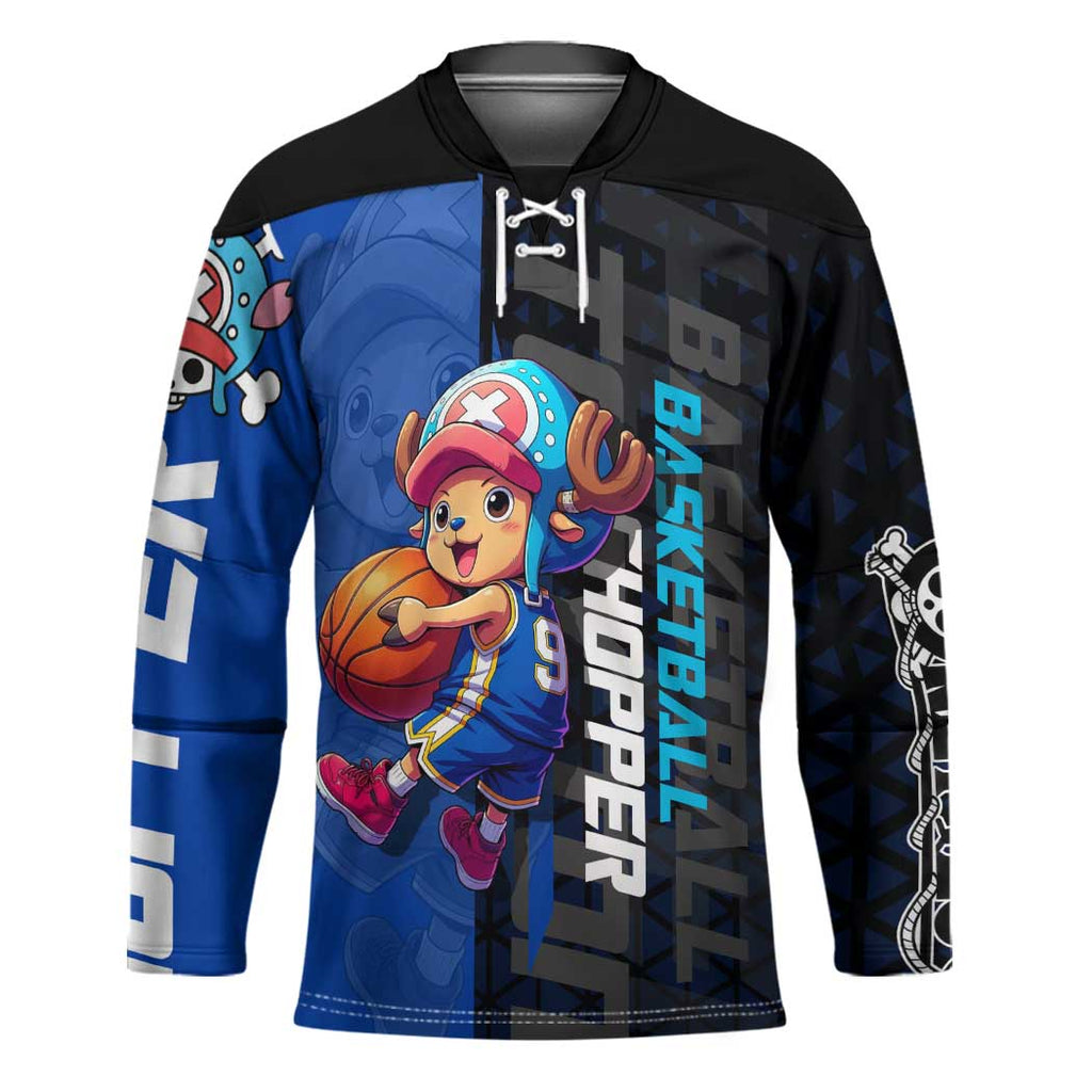Tony Tony Chopper One Piece Basketball Theme Blue and Black Design Hockey Jersey with Straw Hat Crew Emblem and Playful Pose - The Mazicc