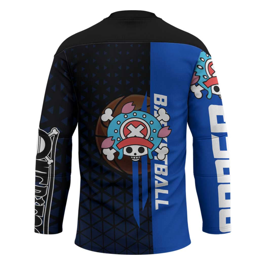 Tony Tony Chopper One Piece Basketball Theme Blue and Black Design Hockey Jersey with Straw Hat Crew Emblem and Playful Pose - The Mazicc