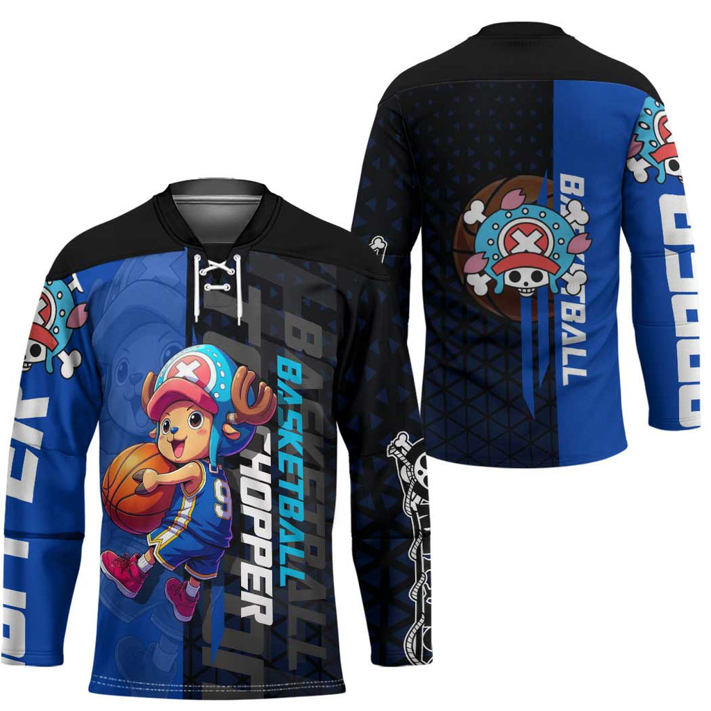 Tony Tony Chopper One Piece Basketball Theme Blue and Black Design Hockey Jersey with Straw Hat Crew Emblem and Playful Pose - The Mazicc
