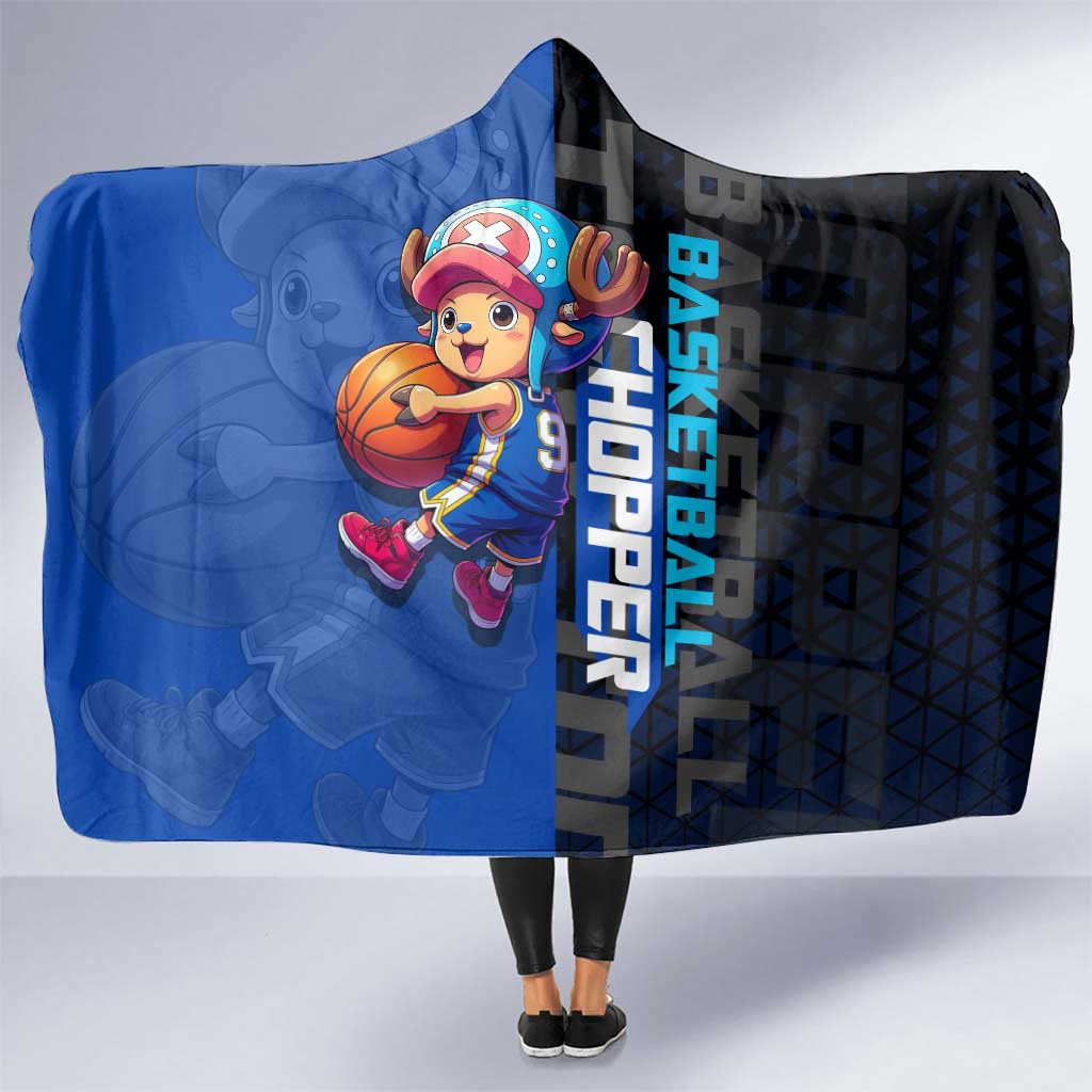 Tony Tony Chopper One Piece Basketball Theme Blue and Black Design Hooded Blanket with Straw Hat Crew Emblem and Playful Pose - The Mazicc