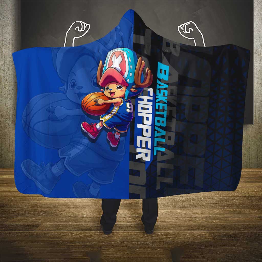 Tony Tony Chopper One Piece Basketball Theme Blue and Black Design Hooded Blanket with Straw Hat Crew Emblem and Playful Pose - The Mazicc