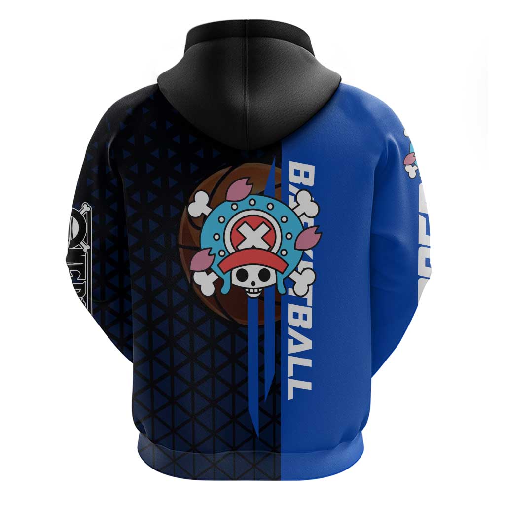 Tony Tony Chopper One Piece Basketball Theme Blue and Black Design Hoodie with Straw Hat Crew Emblem and Playful Pose - The Mazicc