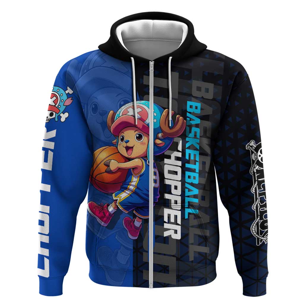 Tony Tony Chopper One Piece Basketball Theme Blue and Black Design Hoodie with Straw Hat Crew Emblem and Playful Pose - The Mazicc