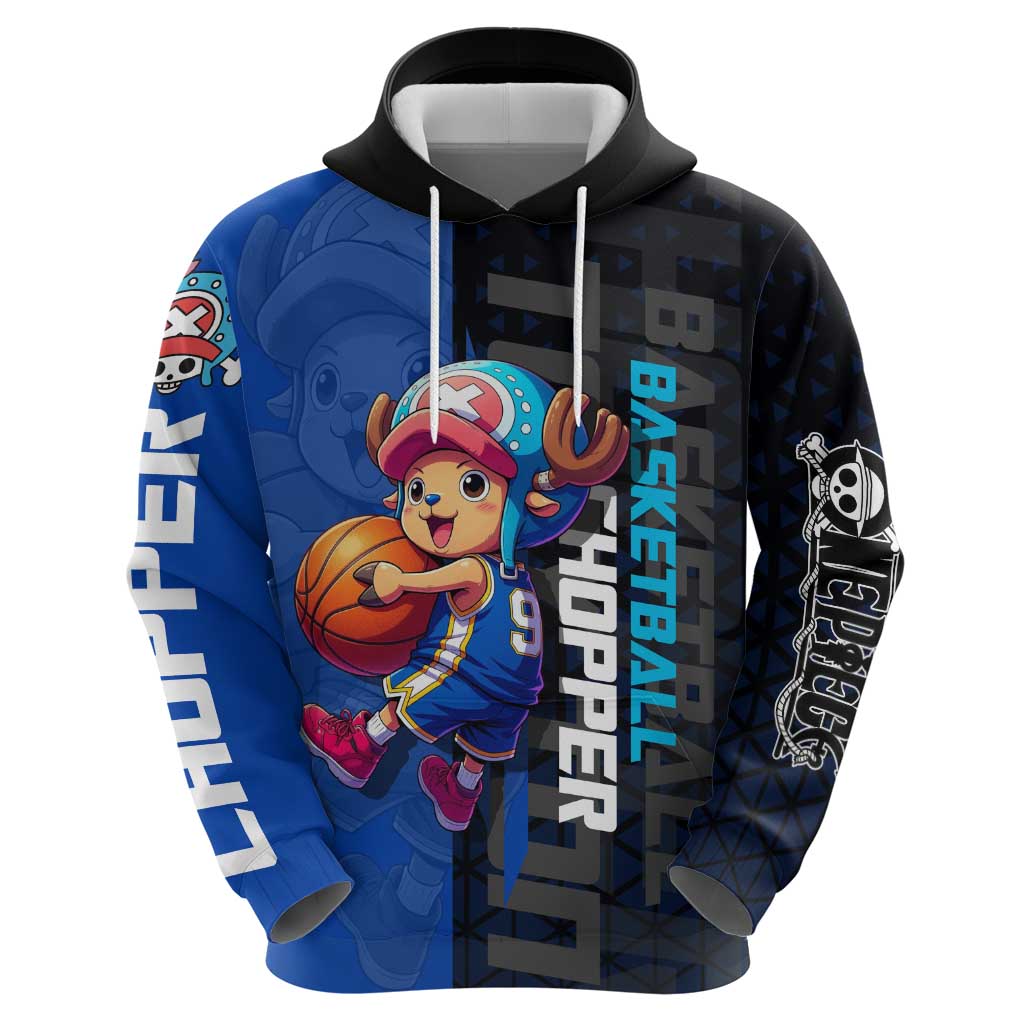 Tony Tony Chopper One Piece Basketball Theme Blue and Black Design Hoodie with Straw Hat Crew Emblem and Playful Pose - The Mazicc