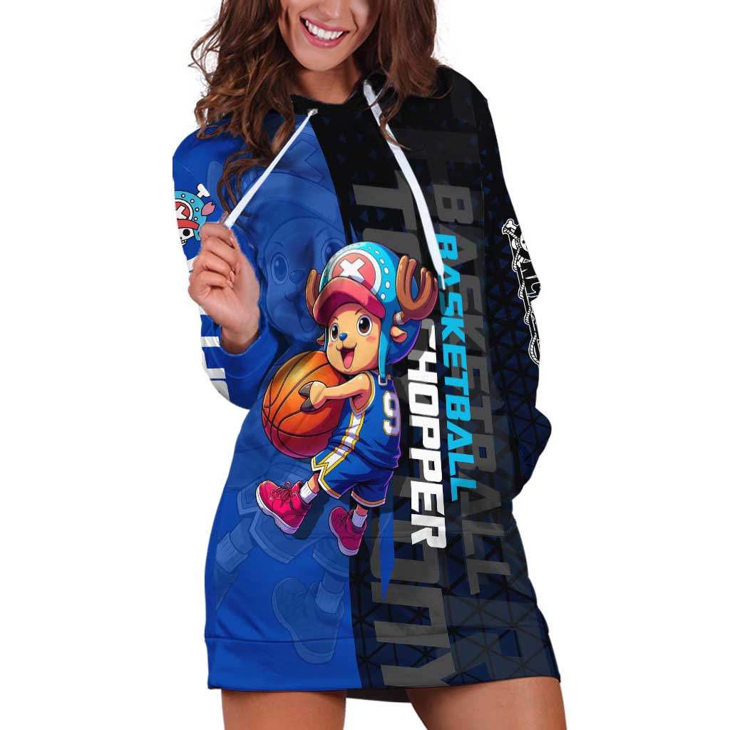 Tony Tony Chopper One Piece Basketball Theme Blue and Black Design Hoodie Dress with Straw Hat Crew Emblem and Playful Pose - The Mazicc