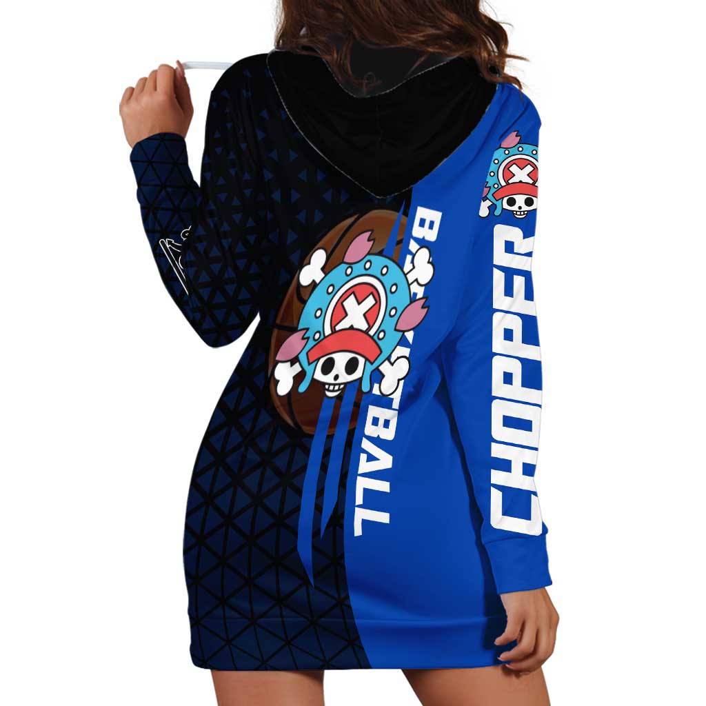 Tony Tony Chopper One Piece Basketball Theme Blue and Black Design Hoodie Dress with Straw Hat Crew Emblem and Playful Pose - The Mazicc