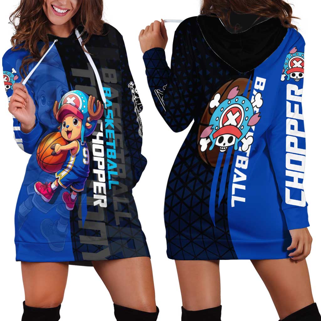 Tony Tony Chopper One Piece Basketball Theme Blue and Black Design Hoodie Dress with Straw Hat Crew Emblem and Playful Pose - The Mazicc