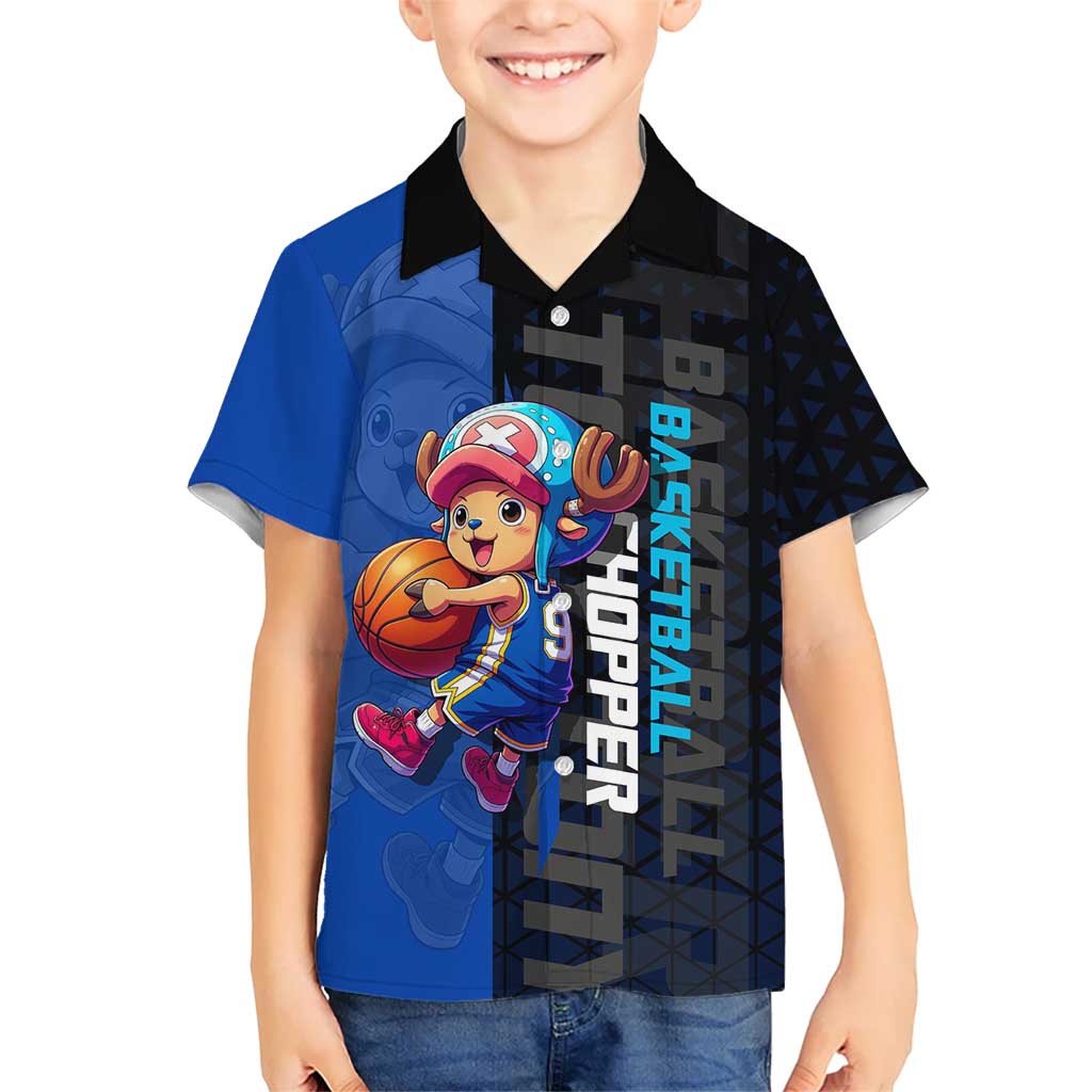Tony Tony Chopper One Piece Basketball Theme Blue and Black Design Kid Hawaiian Shirt with Straw Hat Crew Emblem and Playful Pose - The Mazicc