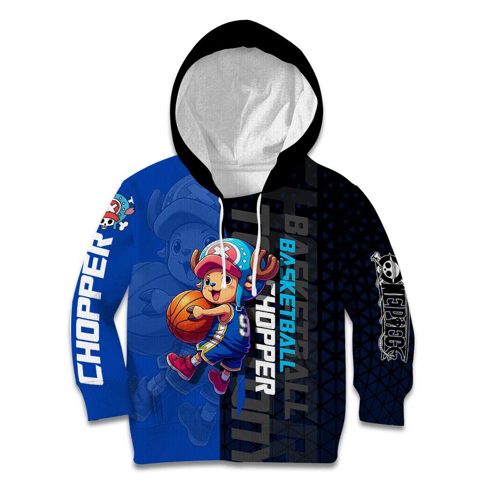 Tony Tony Chopper One Piece Basketball Theme Blue and Black Design Kid Hoodie with Straw Hat Crew Emblem and Playful Pose - The Mazicc