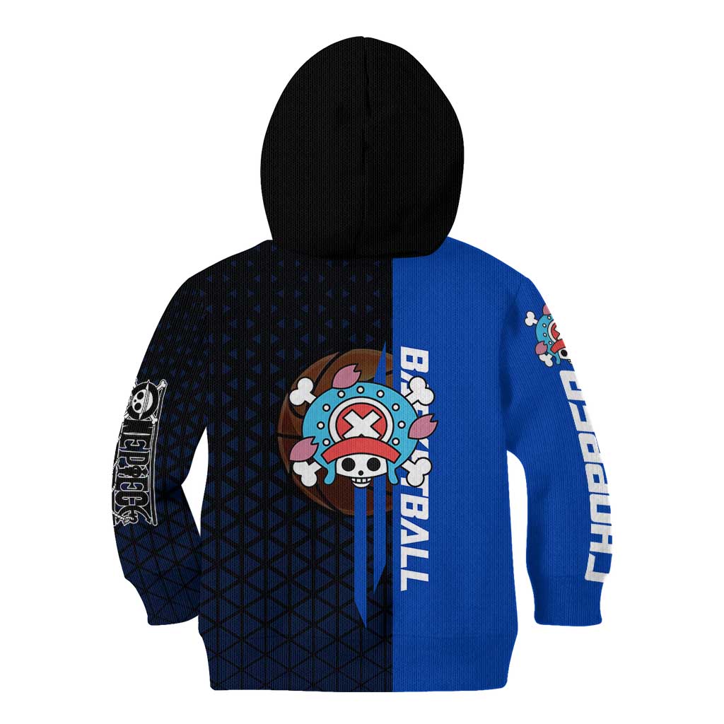 Tony Tony Chopper One Piece Basketball Theme Blue and Black Design Kid Hoodie with Straw Hat Crew Emblem and Playful Pose - The Mazicc