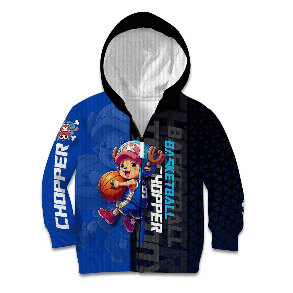 Tony Tony Chopper One Piece Basketball Theme Blue and Black Design Kid Hoodie with Straw Hat Crew Emblem and Playful Pose - The Mazicc