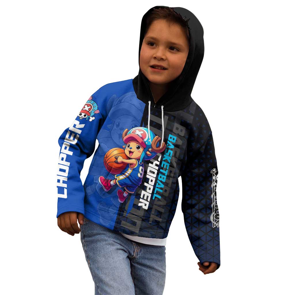 Tony Tony Chopper One Piece Basketball Theme Blue and Black Design Kid Hoodie with Straw Hat Crew Emblem and Playful Pose - The Mazicc