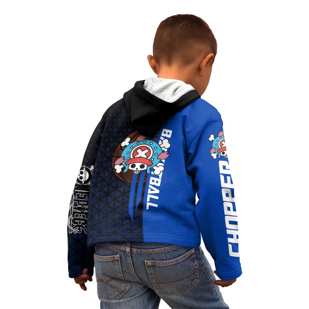 Tony Tony Chopper One Piece Basketball Theme Blue and Black Design Kid Hoodie with Straw Hat Crew Emblem and Playful Pose - The Mazicc