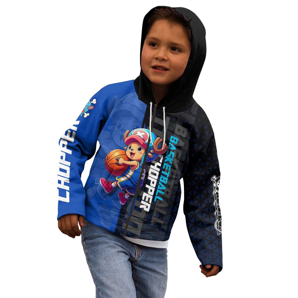 Tony Tony Chopper One Piece Basketball Theme Blue and Black Design Kid Hoodie with Straw Hat Crew Emblem and Playful Pose - The Mazicc