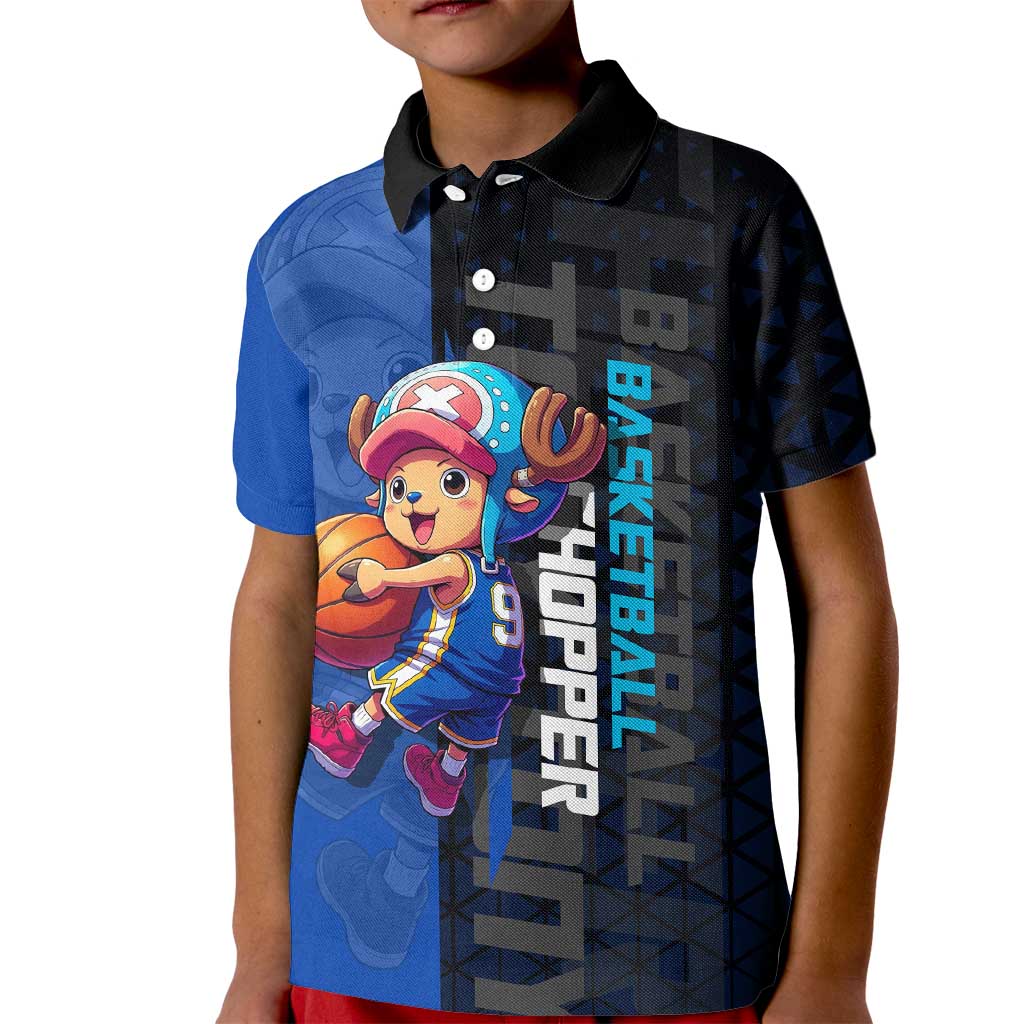 Tony Tony Chopper One Piece Basketball Theme Blue and Black Design Kid Polo Shirt with Straw Hat Crew Emblem and Playful Pose - The Mazicc