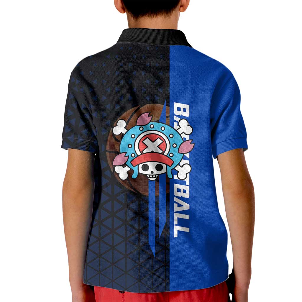Tony Tony Chopper One Piece Basketball Theme Blue and Black Design Kid Polo Shirt with Straw Hat Crew Emblem and Playful Pose - The Mazicc