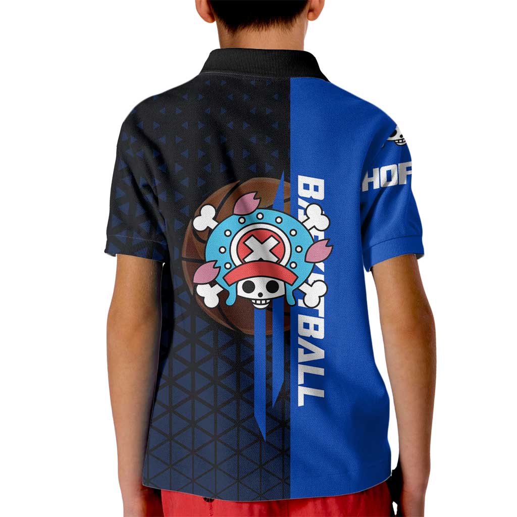 Tony Tony Chopper One Piece Basketball Theme Blue and Black Design Kid Polo Shirt with Straw Hat Crew Emblem and Playful Pose - The Mazicc