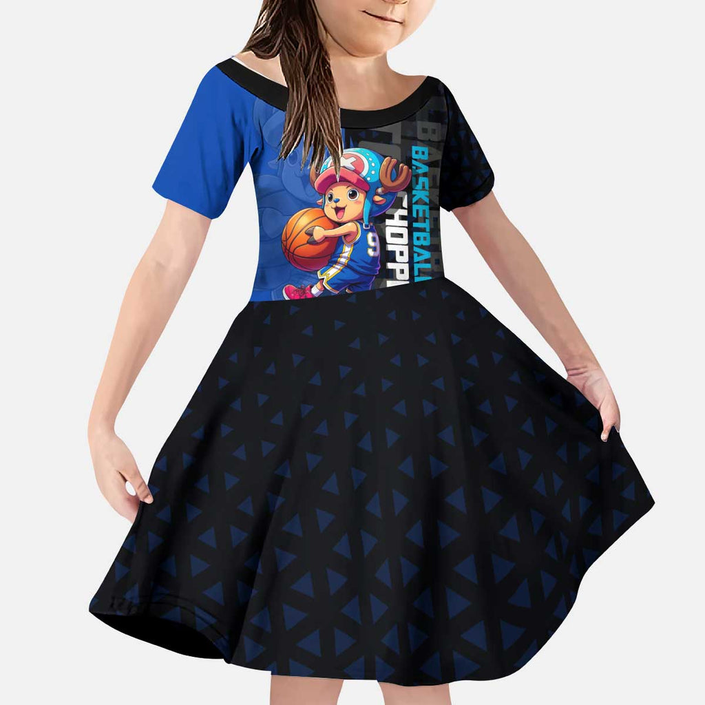 Tony Tony Chopper One Piece Basketball Theme Blue and Black Design Kid Short Sleeve Dress with Straw Hat Crew Emblem and Playful Pose - The Mazicc
