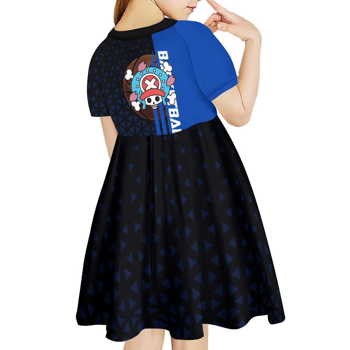 Tony Tony Chopper One Piece Basketball Theme Blue and Black Design Kid Short Sleeve Dress with Straw Hat Crew Emblem and Playful Pose - The Mazicc