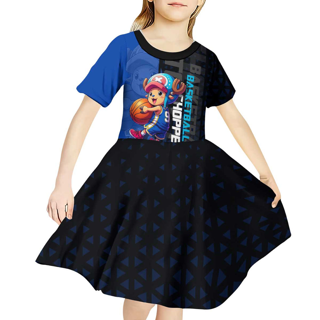 Tony Tony Chopper One Piece Basketball Theme Blue and Black Design Kid Short Sleeve Dress with Straw Hat Crew Emblem and Playful Pose - The Mazicc