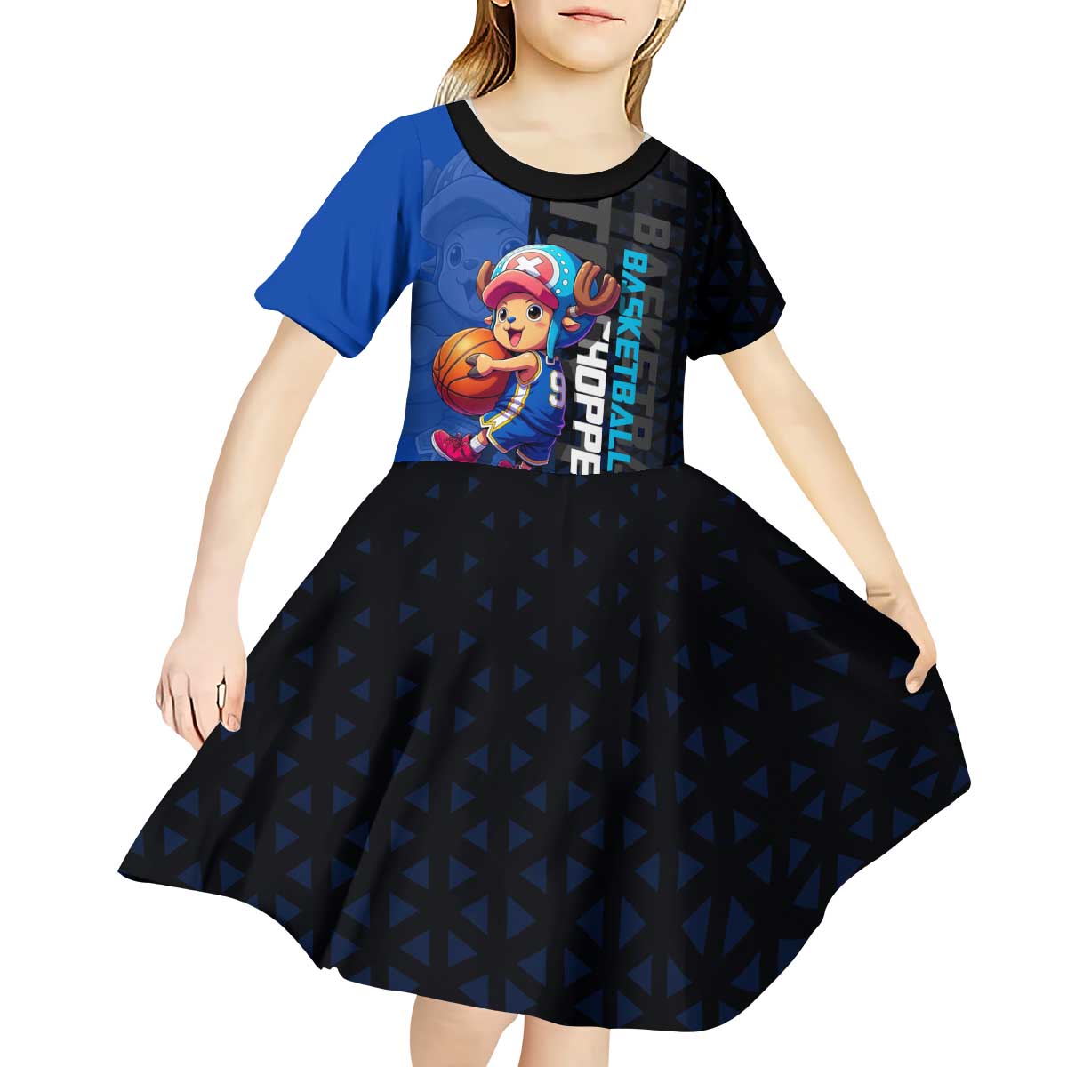 Tony Tony Chopper One Piece Basketball Theme Blue and Black Design Kid Short Sleeve Dress with Straw Hat Crew Emblem and Playful Pose - The Mazicc