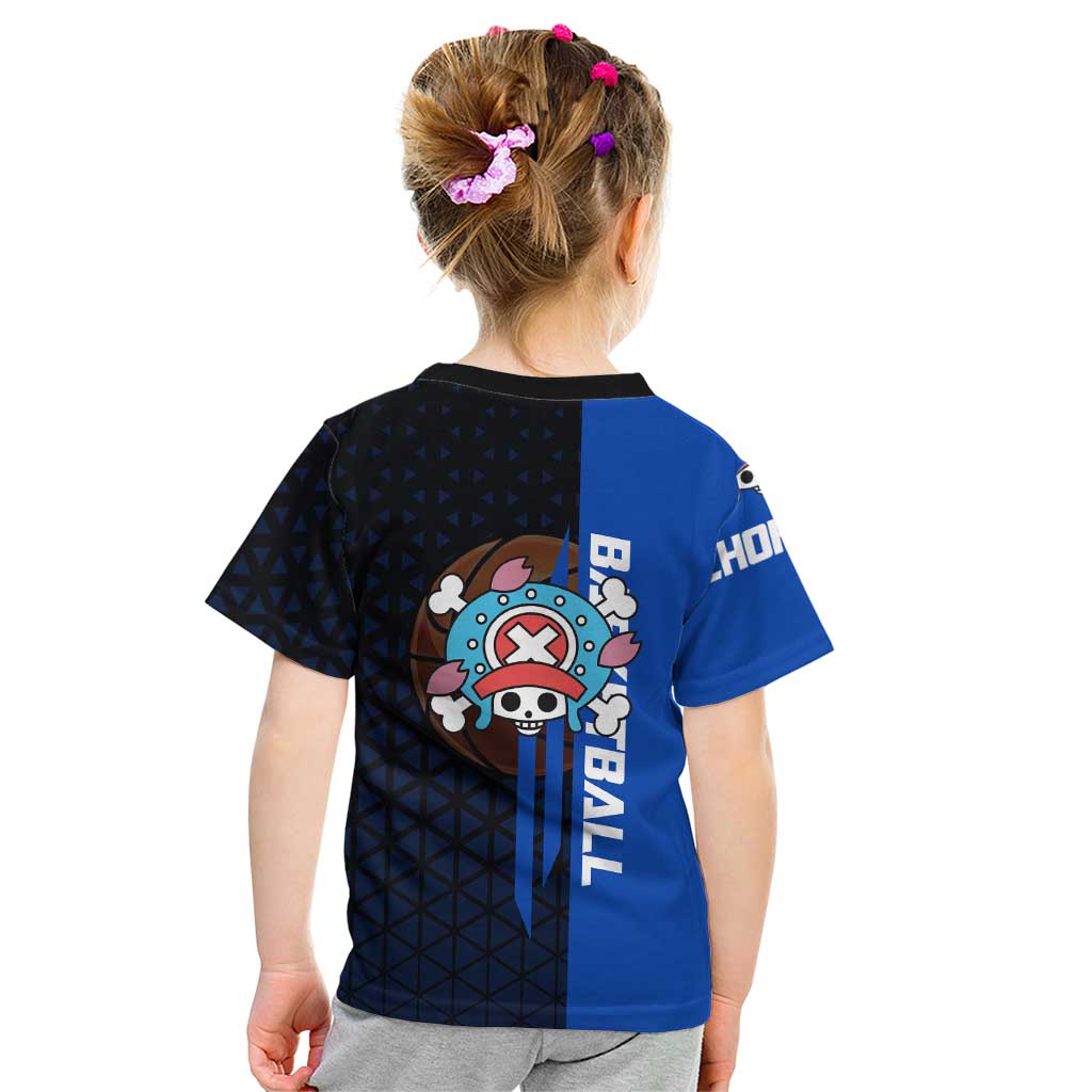 Tony Tony Chopper One Piece Basketball Theme Blue and Black Design Kid T Shirt with Straw Hat Crew Emblem and Playful Pose - The Mazicc