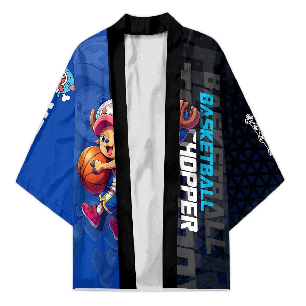 Tony Tony Chopper One Piece Basketball Theme Blue and Black Design Kimono with Straw Hat Crew Emblem and Playful Pose - The Mazicc