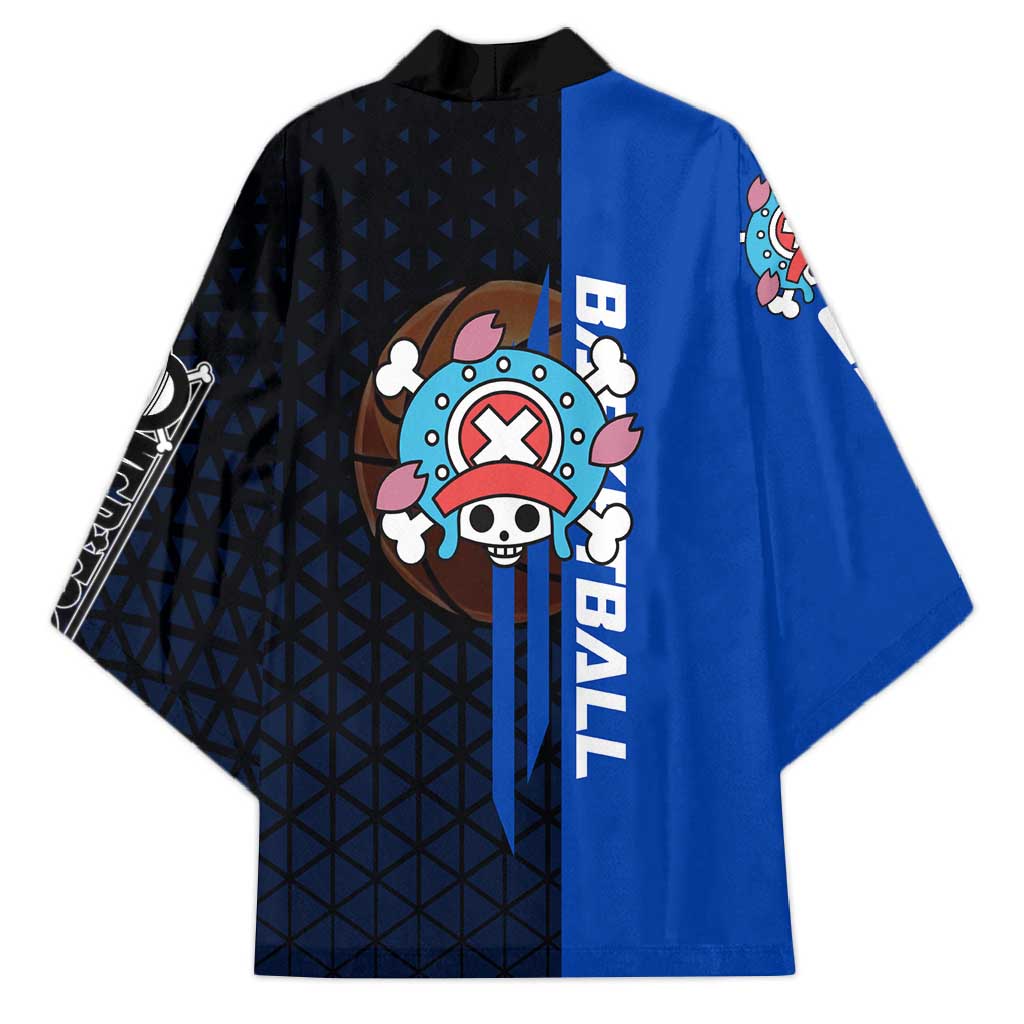 Tony Tony Chopper One Piece Basketball Theme Blue and Black Design Kimono with Straw Hat Crew Emblem and Playful Pose - The Mazicc