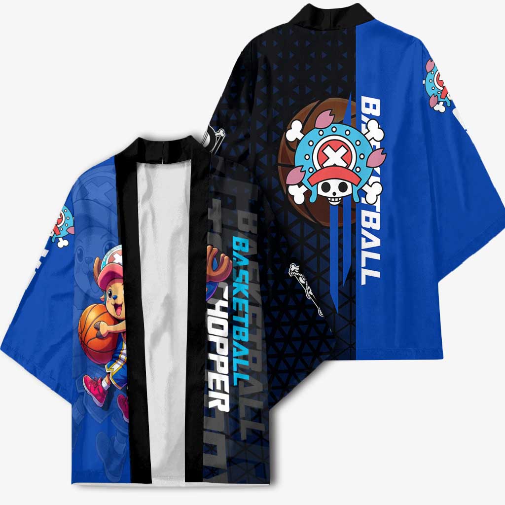 Tony Tony Chopper One Piece Basketball Theme Blue and Black Design Kimono with Straw Hat Crew Emblem and Playful Pose - The Mazicc