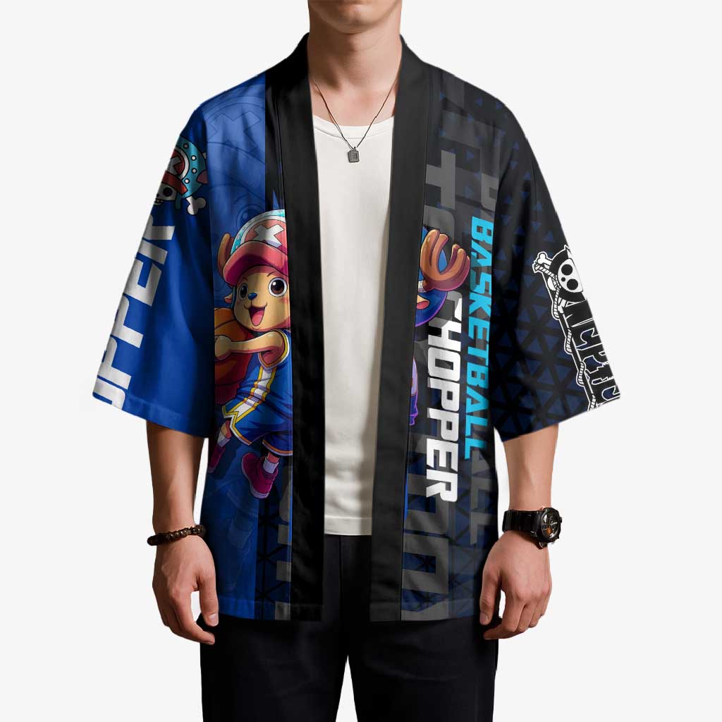 Tony Tony Chopper One Piece Basketball Theme Blue and Black Design Kimono with Straw Hat Crew Emblem and Playful Pose - The Mazicc