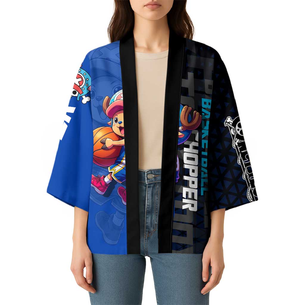 Tony Tony Chopper One Piece Basketball Theme Blue and Black Design Kimono with Straw Hat Crew Emblem and Playful Pose - The Mazicc
