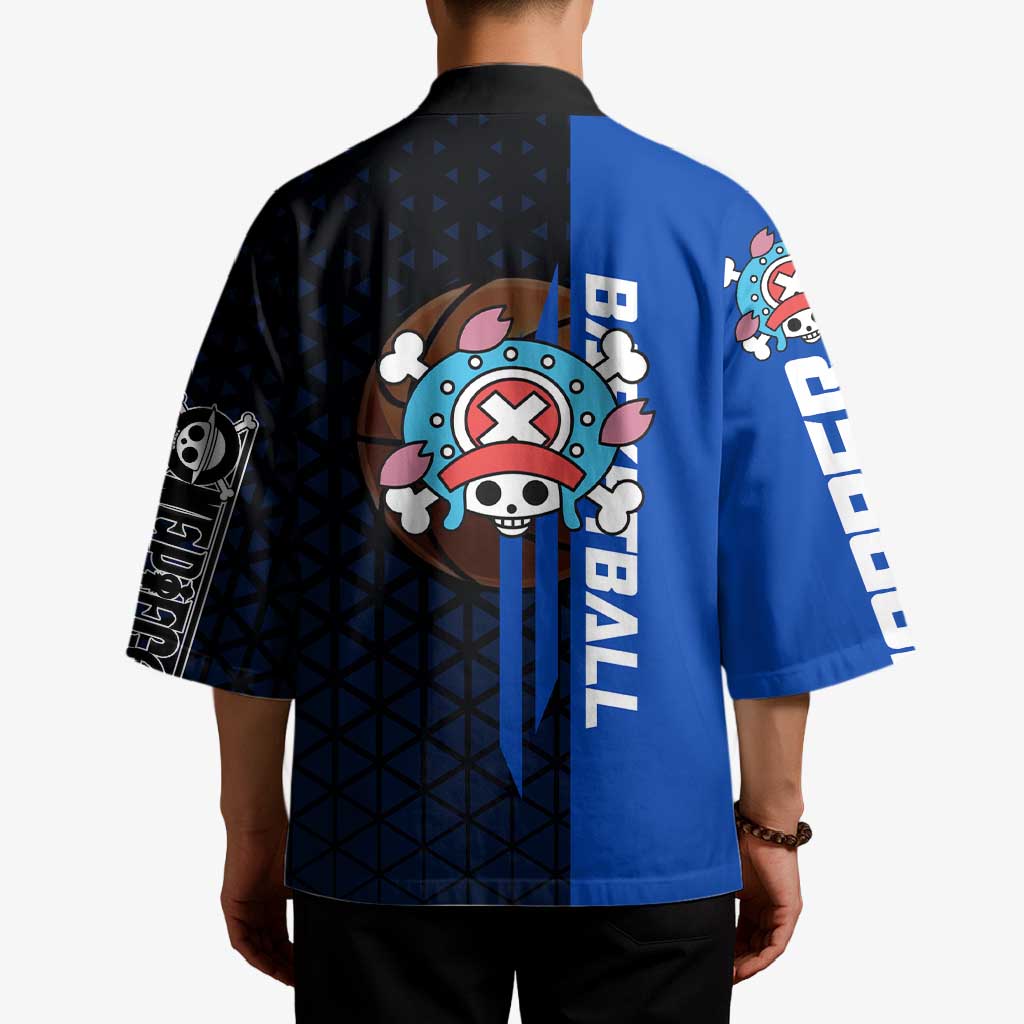 Tony Tony Chopper One Piece Basketball Theme Blue and Black Design Kimono with Straw Hat Crew Emblem and Playful Pose - The Mazicc