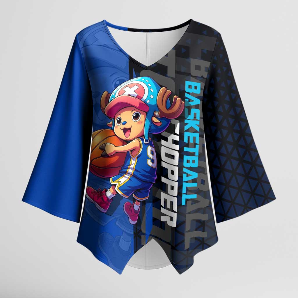 Tony Tony Chopper One Piece Basketball Theme Blue and Black Design Kimono Sleeve Blouse with Straw Hat Crew Emblem and Playful Pose - The Mazicc