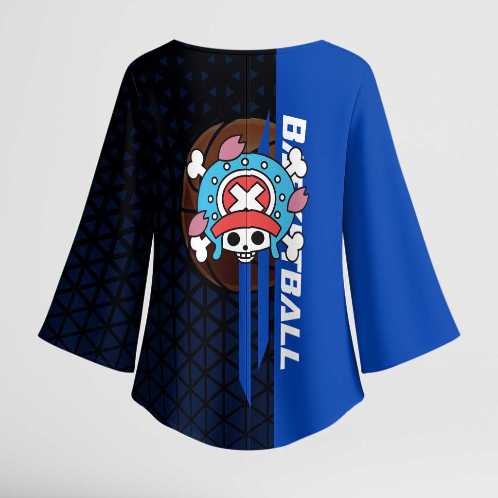 Tony Tony Chopper One Piece Basketball Theme Blue and Black Design Kimono Sleeve Blouse with Straw Hat Crew Emblem and Playful Pose - The Mazicc