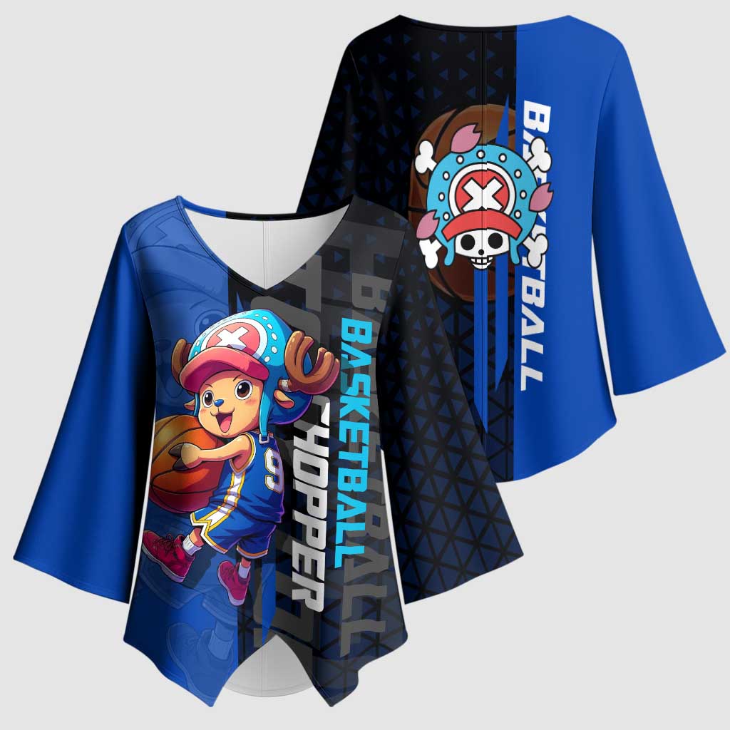 Tony Tony Chopper One Piece Basketball Theme Blue and Black Design Kimono Sleeve Blouse with Straw Hat Crew Emblem and Playful Pose - The Mazicc