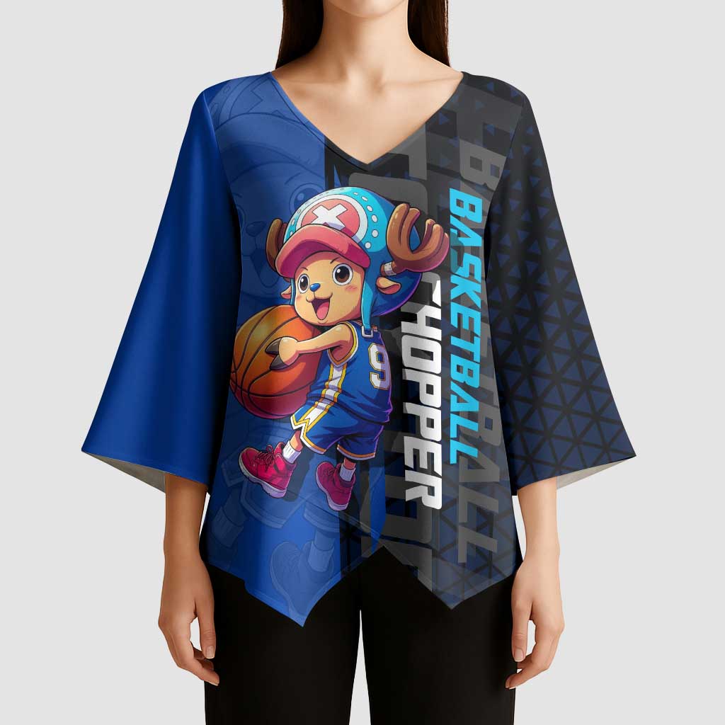 Tony Tony Chopper One Piece Basketball Theme Blue and Black Design Kimono Sleeve Blouse with Straw Hat Crew Emblem and Playful Pose - The Mazicc