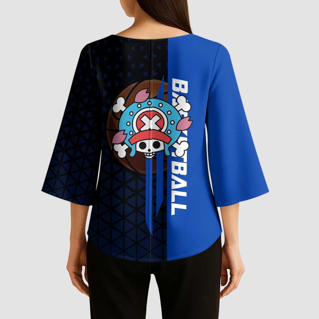 Tony Tony Chopper One Piece Basketball Theme Blue and Black Design Kimono Sleeve Blouse with Straw Hat Crew Emblem and Playful Pose - The Mazicc