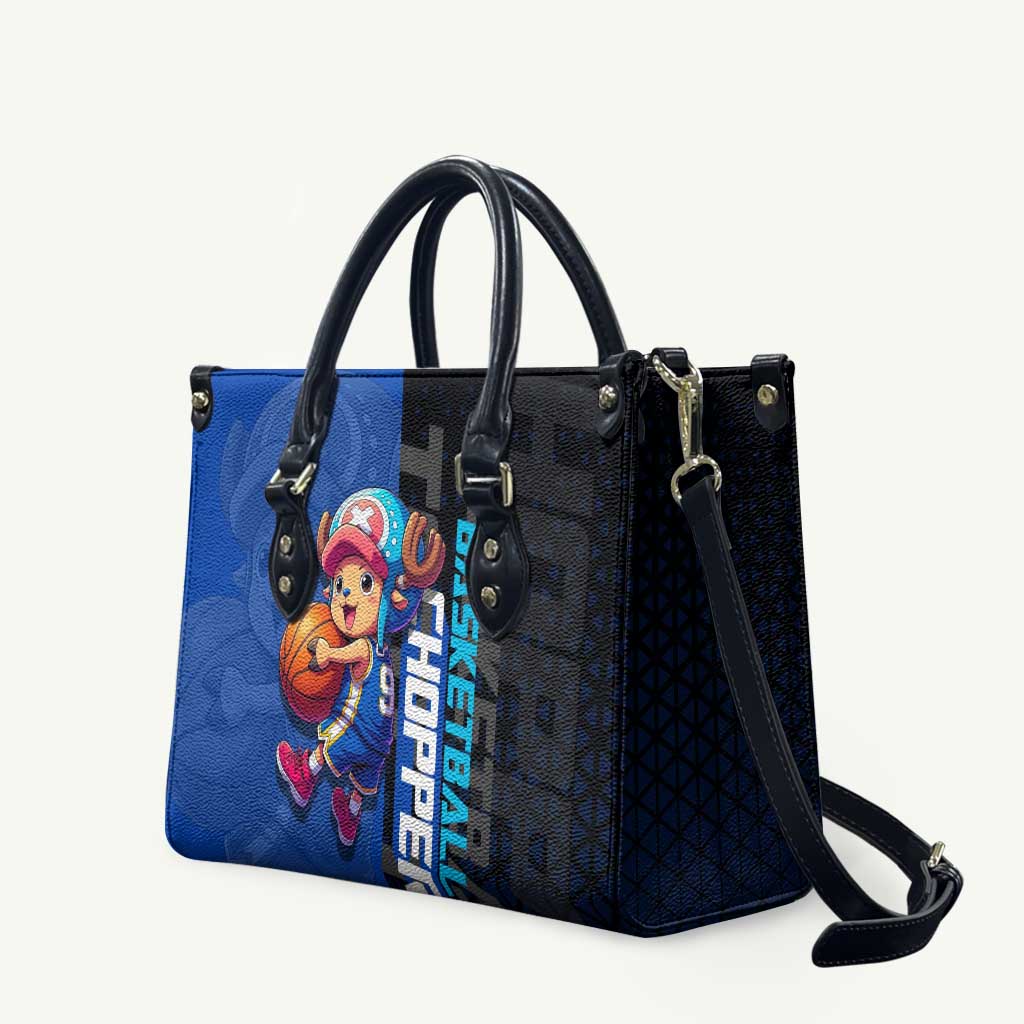 Tony Tony Chopper One Piece Basketball Theme Blue and Black Design Leather Bag with Straw Hat Crew Emblem and Playful Pose - The Mazicc