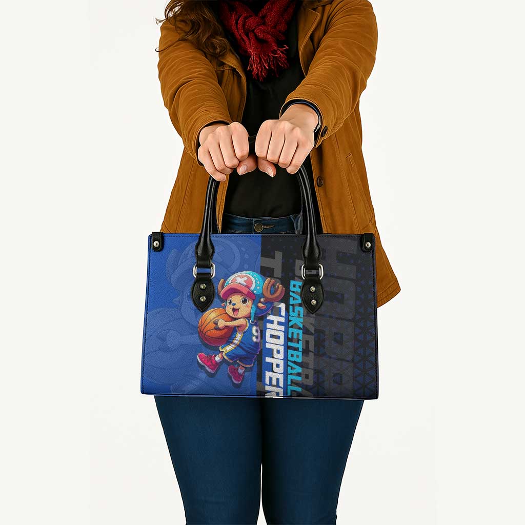 Tony Tony Chopper One Piece Basketball Theme Blue and Black Design Leather Bag with Straw Hat Crew Emblem and Playful Pose - The Mazicc