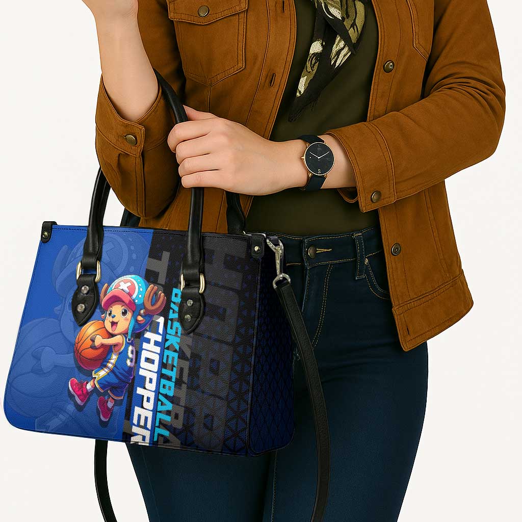 Tony Tony Chopper One Piece Basketball Theme Blue and Black Design Leather Bag with Straw Hat Crew Emblem and Playful Pose - The Mazicc