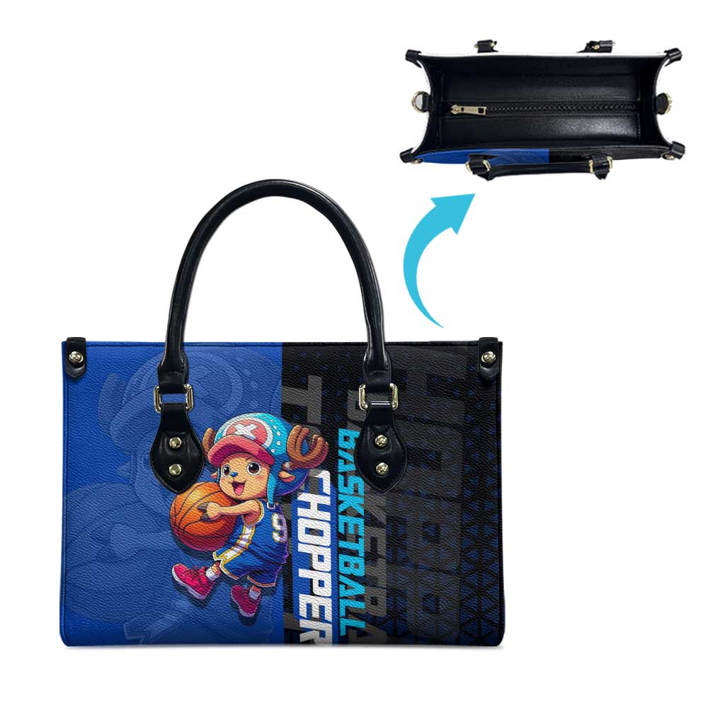 Tony Tony Chopper One Piece Basketball Theme Blue and Black Design Leather Bag with Straw Hat Crew Emblem and Playful Pose - The Mazicc