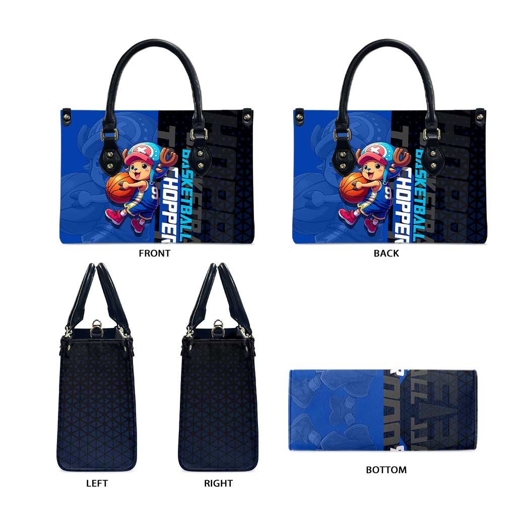 Tony Tony Chopper One Piece Basketball Theme Blue and Black Design Leather Bag with Straw Hat Crew Emblem and Playful Pose - The Mazicc