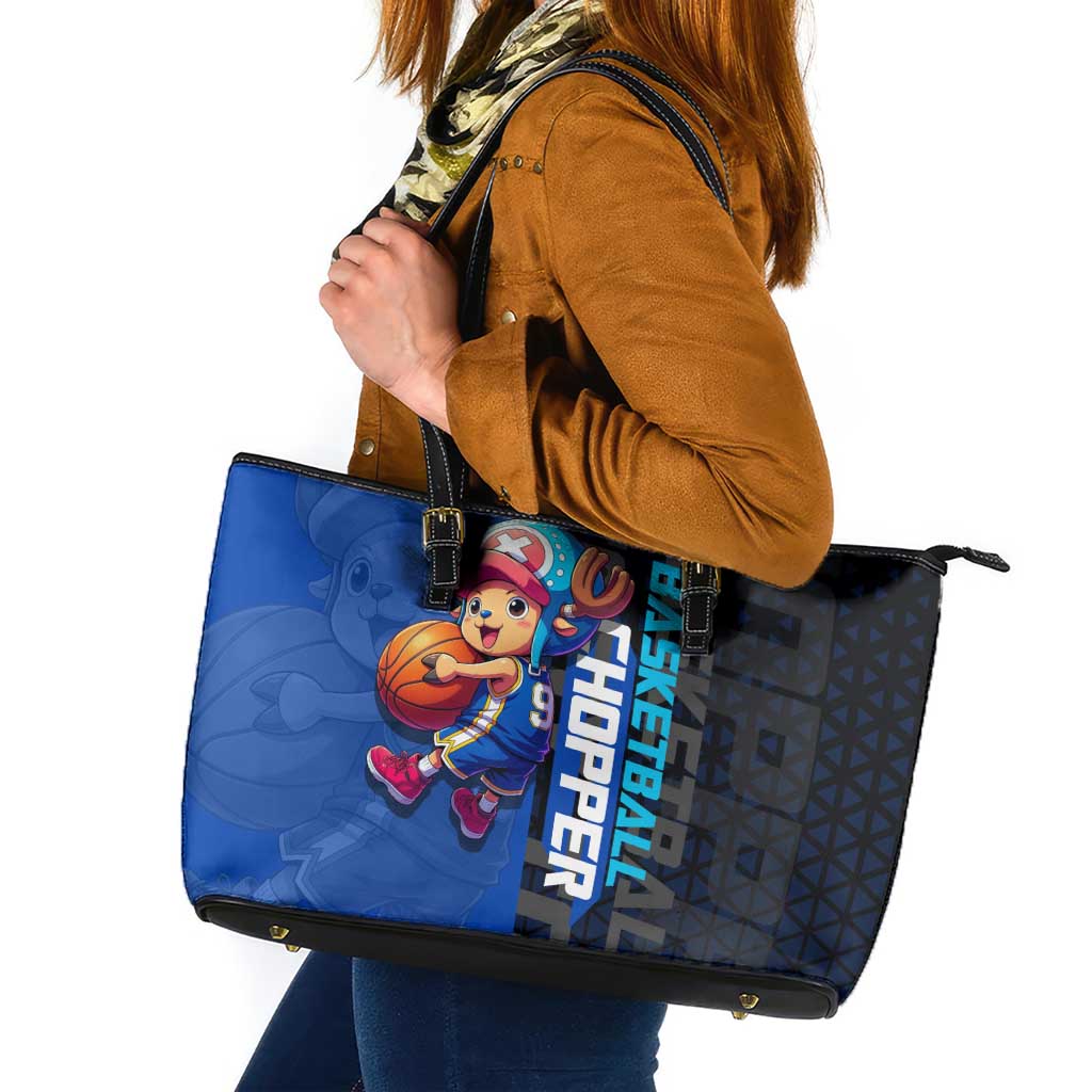 Tony Tony Chopper One Piece Basketball Theme Blue and Black Design Leather Tote Bag with Straw Hat Crew Emblem and Playful Pose - The Mazicc