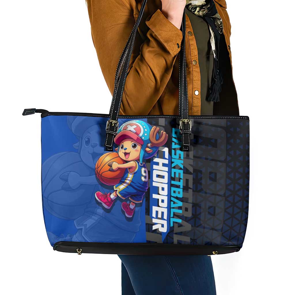 Tony Tony Chopper One Piece Basketball Theme Blue and Black Design Leather Tote Bag with Straw Hat Crew Emblem and Playful Pose - The Mazicc