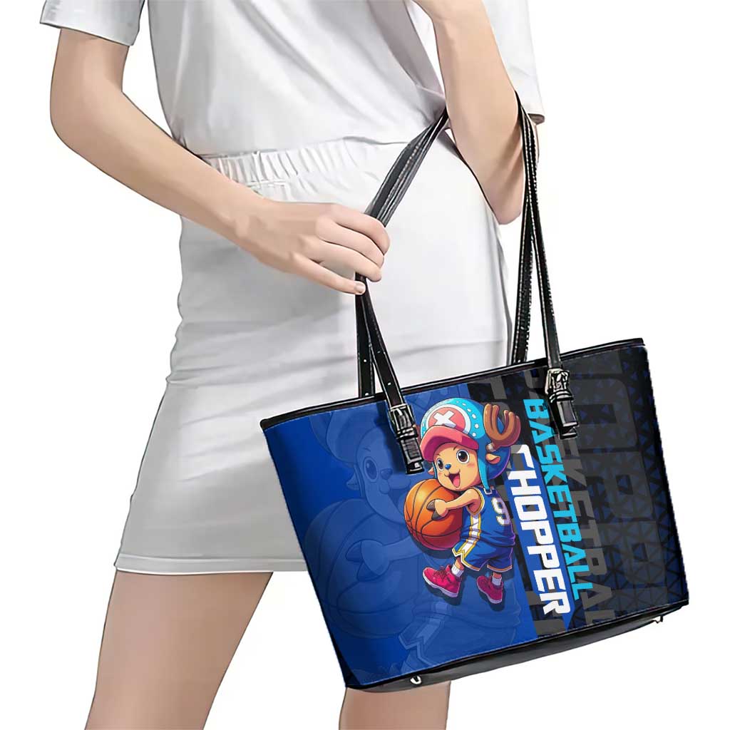 Tony Tony Chopper One Piece Basketball Theme Blue and Black Design Leather Tote Bag with Straw Hat Crew Emblem and Playful Pose - The Mazicc