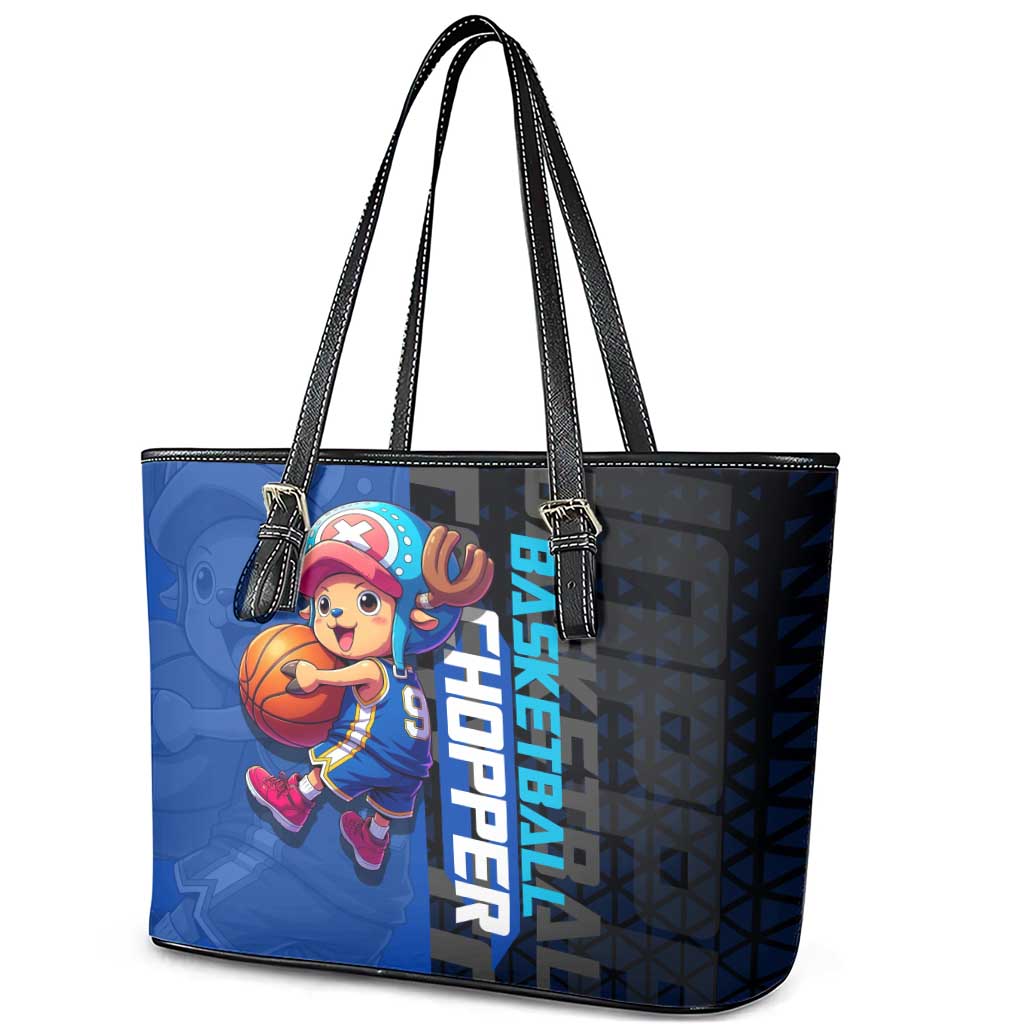 Tony Tony Chopper One Piece Basketball Theme Blue and Black Design Leather Tote Bag with Straw Hat Crew Emblem and Playful Pose - The Mazicc