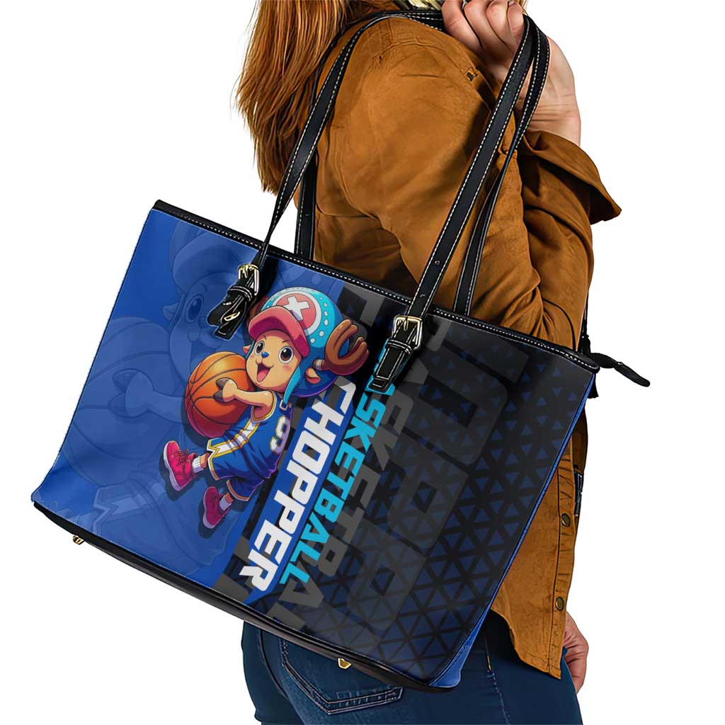 Tony Tony Chopper One Piece Basketball Theme Blue and Black Design Leather Tote Bag with Straw Hat Crew Emblem and Playful Pose - The Mazicc