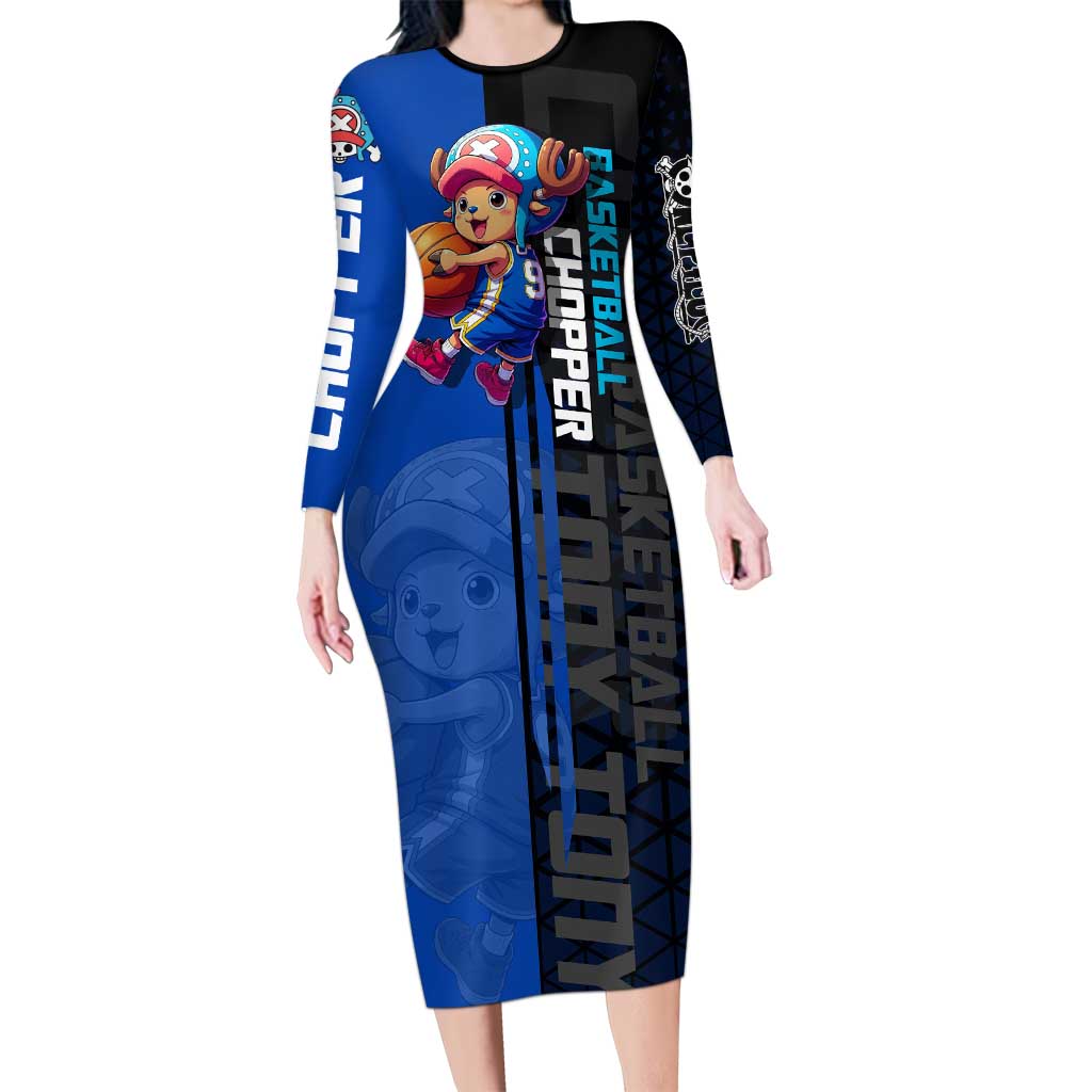 Tony Tony Chopper One Piece Basketball Theme Blue and Black Design Long Sleeve Bodycon Dress with Straw Hat Crew Emblem and Playful Pose - The Mazicc